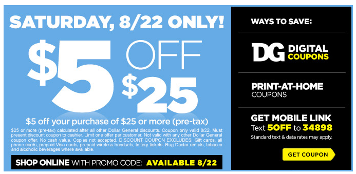 $5/$25 Dollar General Coupon   Deals