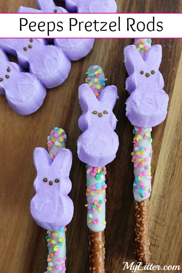 Here is a fun little Easter snack you can make with your kids! These Peeps Pretzel Rods are really so easy to make!
