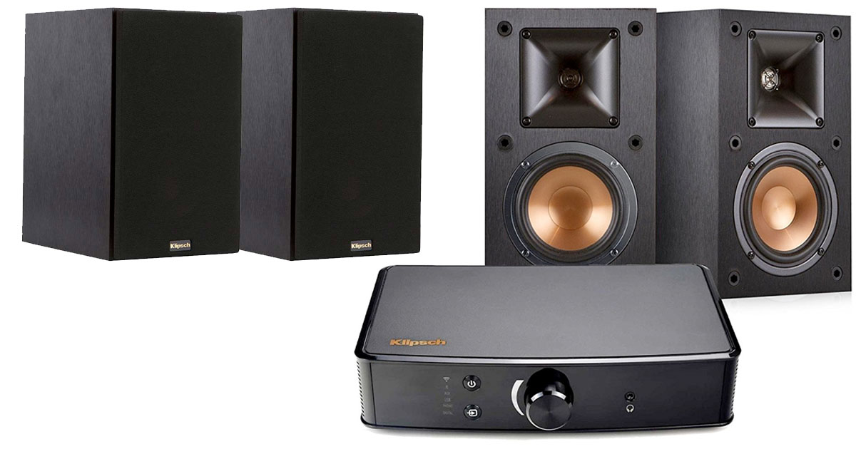 Amazon Klipsch Bookshelf Speakers and Powergate Amplifier Bundle, Black 359.99 (Regular Price