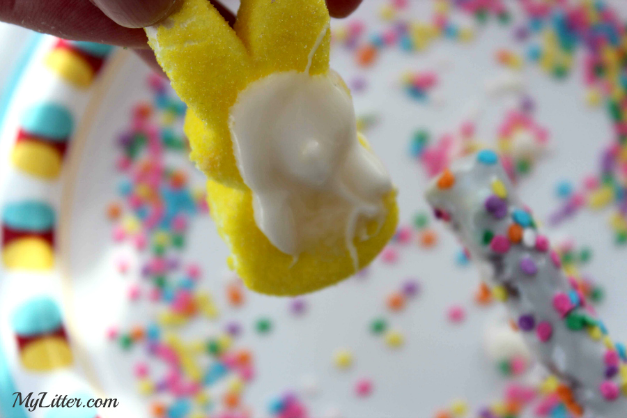 Here is a fun little Easter snack you can make with your kids or surprise them with an extra cute treat in their Easter baskets! These Peeps Pretzel Rods are really so easy to make and were a huge hit in our house! 